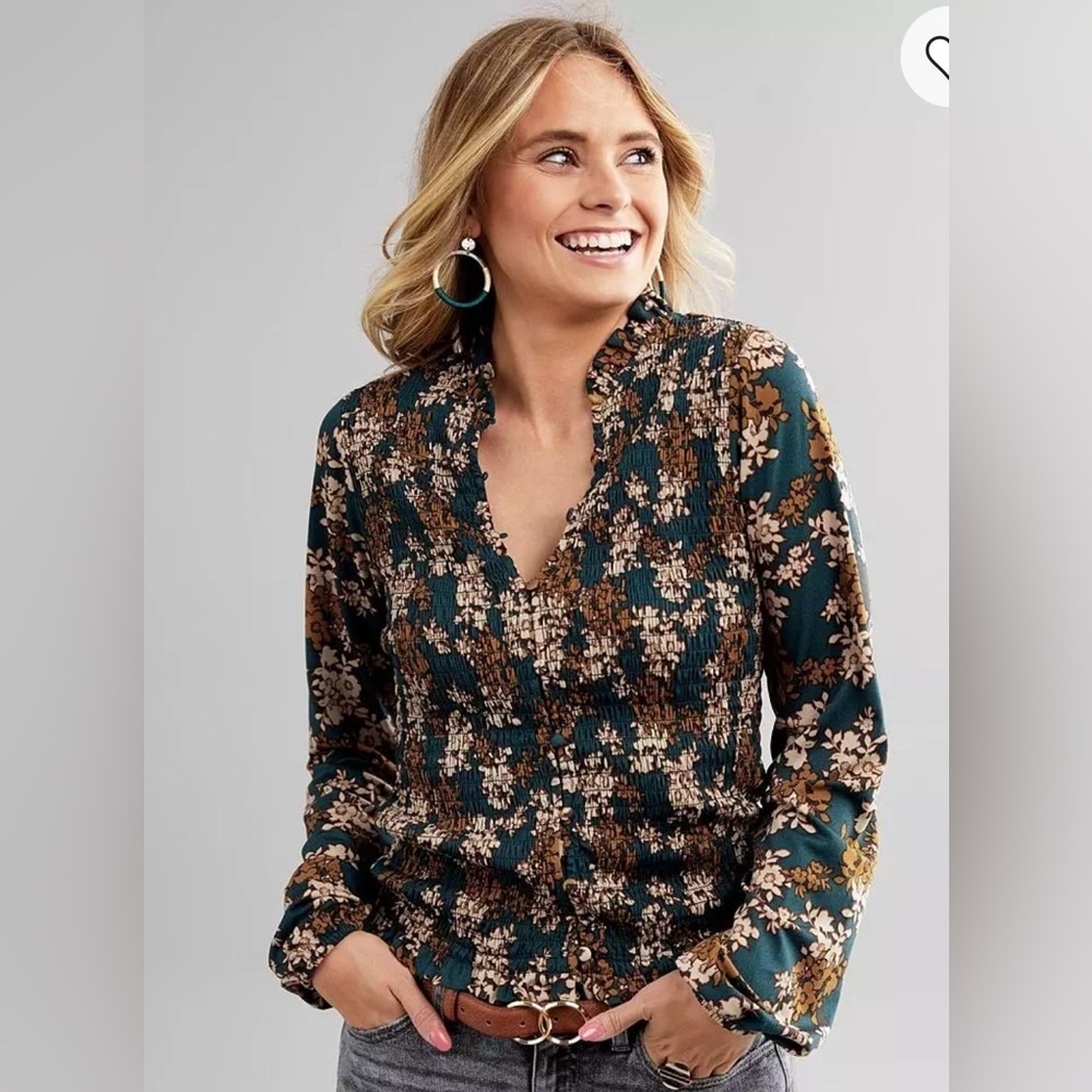 Gimmicks by BKE Floral Smocked Blouse in Teal and Brown - Picture 2 of 16